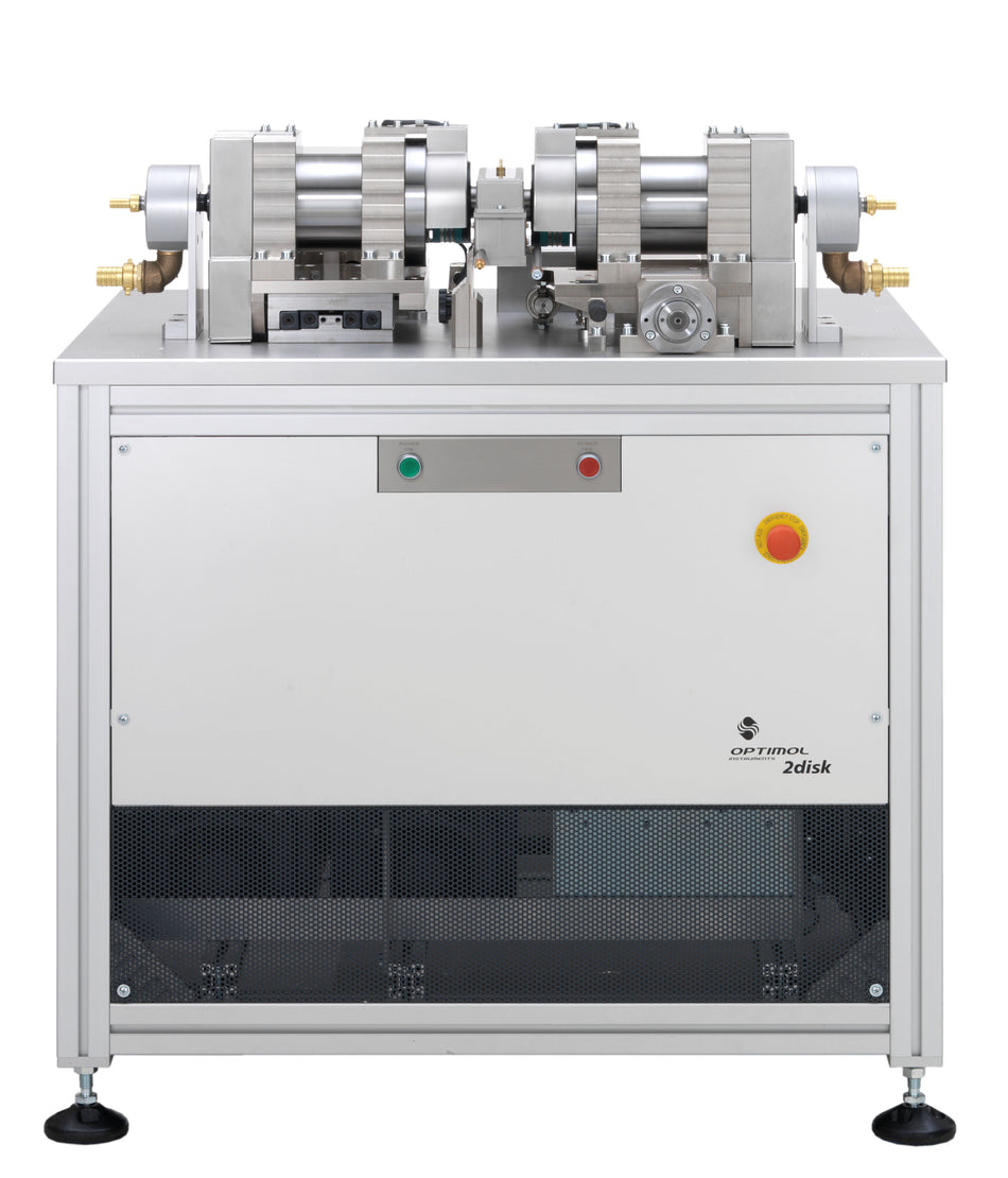 Two-disk test bench for test discs 20 mm to 40 mm